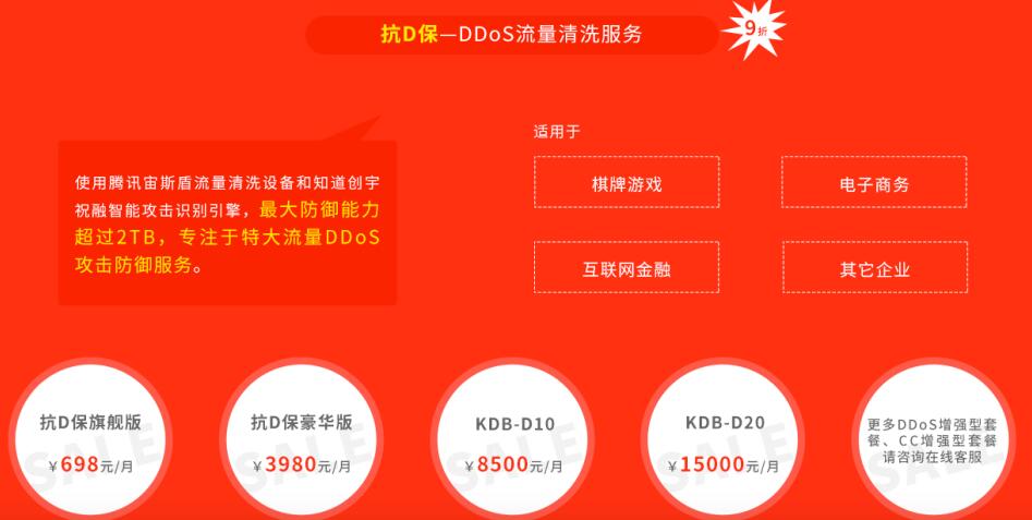 　　1.品牌保护—打击仿冒侵权，保障品牌利益  　　假冒、欺诈已经成为网络中最值得关注的安全威胁。品牌知名度高的网站容易被仿冒，直接损害企业商誉。网络侵权渠道繁杂，传统方法无法有效解决，线下处理流程复杂无限期等待。为了打击仿冒、钓鱼、欺诈等网络问题，保障企业的品牌公信力，知道创宇推出「品牌保护」商誉保护方案，保护企业最核心的商业价值不受侵犯。品牌保护每日拦截仿冒网站访问180亿次，每日拦截仿冒APK下载20亿次。活动期间购买品牌保护，可以享受8折优惠，仿冒拦截应急包原价6500元/次，活动优惠仅需5200元。  　　2.渗透测试—专业的私密的安全性测试服务  　　知道创宇云安全的「渗透测试」是由专业安全人员完全模拟入侵者所用的常见手段对测试目标发起模拟入侵的过程。整个过程的目的在于通过利用各种已知漏洞识别手段充分挖掘网络层、系统层、应用层乃至业务逻辑层中可能存在且被利用的潜在威胁点。在不影响业务系统正常运行的情况下，发现系统最脆弱的环节，让管理人员最直观的看到系统面临的安全威胁。活动期间购买渗透测试，可以享受到8折优惠，基础套餐「网站安全漏洞扫描服务」仅需800元。  　　3.抗D保—DDoS流量清洗服务