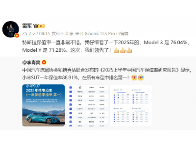 小米SU7保值率力压特斯拉