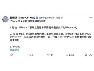 分析师郭明錤：iPhone 17系列首周末预购需求超1