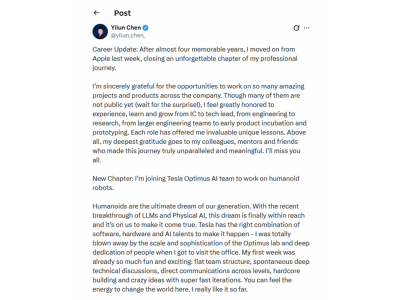 苹果AI人才流失加剧：技术主管转投特斯拉Optim