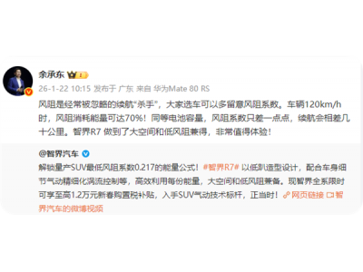 余承东再谈“续航杀手”:高速行驶70%能耗抗风