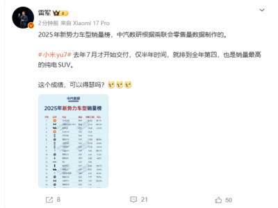 小米YU7仅半年跻身年度第四，成纯电SUV销冠，雷